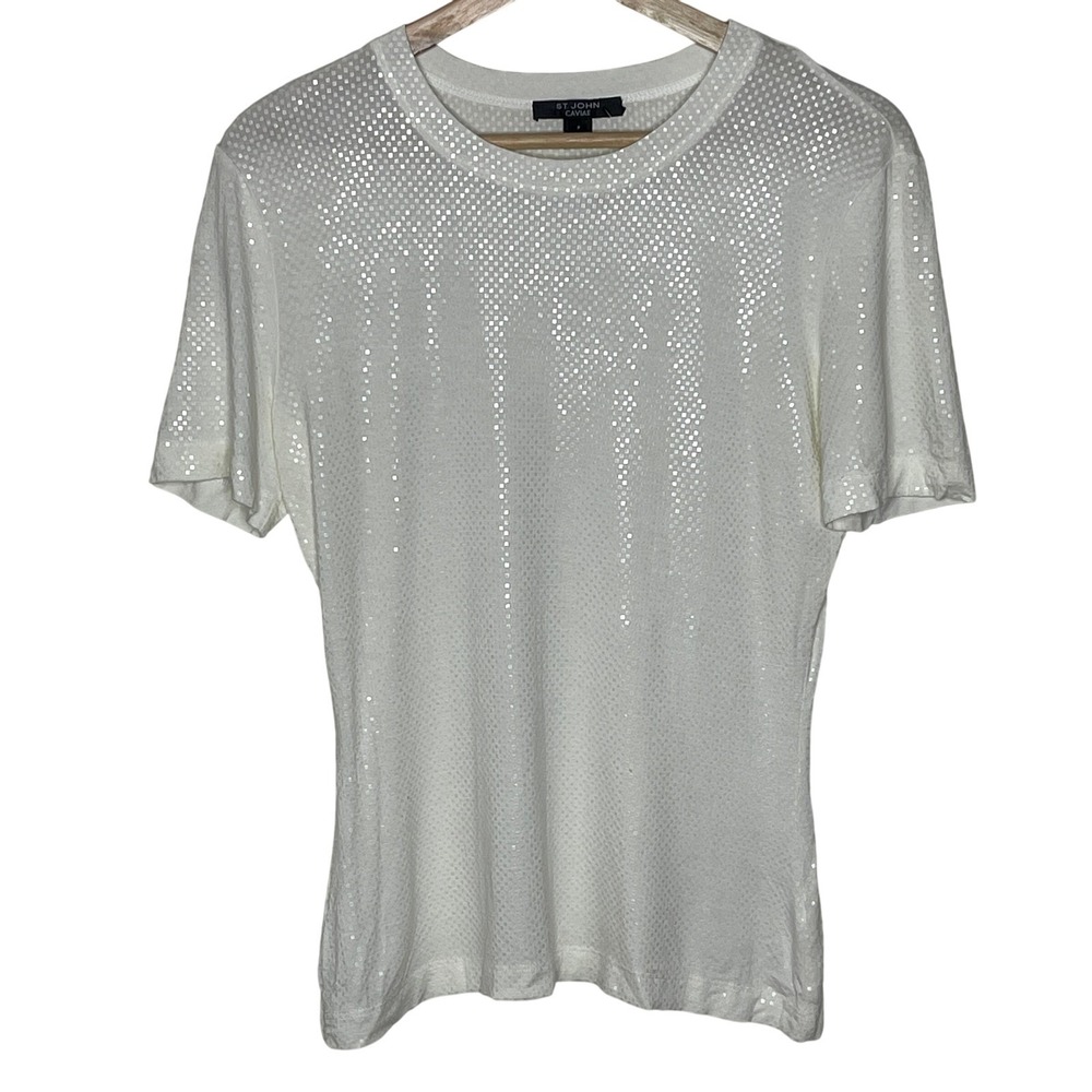 St. John Caviar Embellished T-Shirt‎ Top Sparkle White Petite